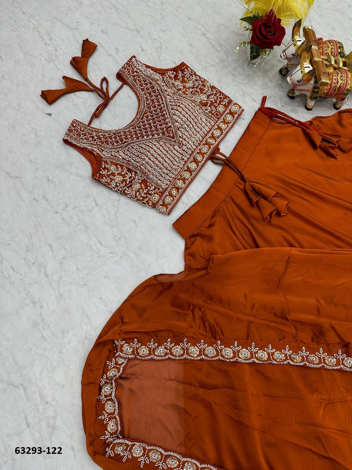 Rust Orange Silk Embroidery Lehenga Set