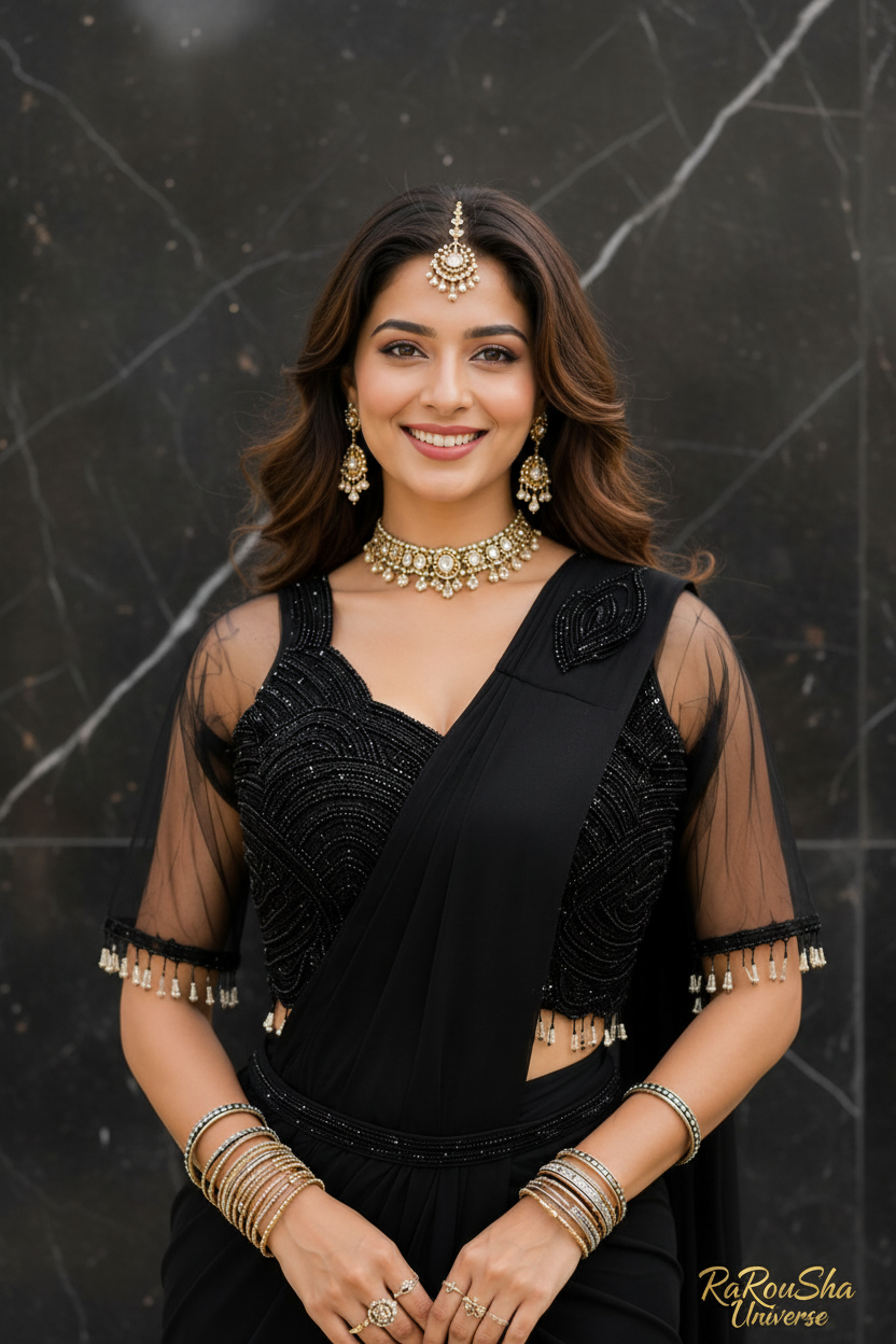 Pankhudi Black Saree marmeren achtergrond close-up
