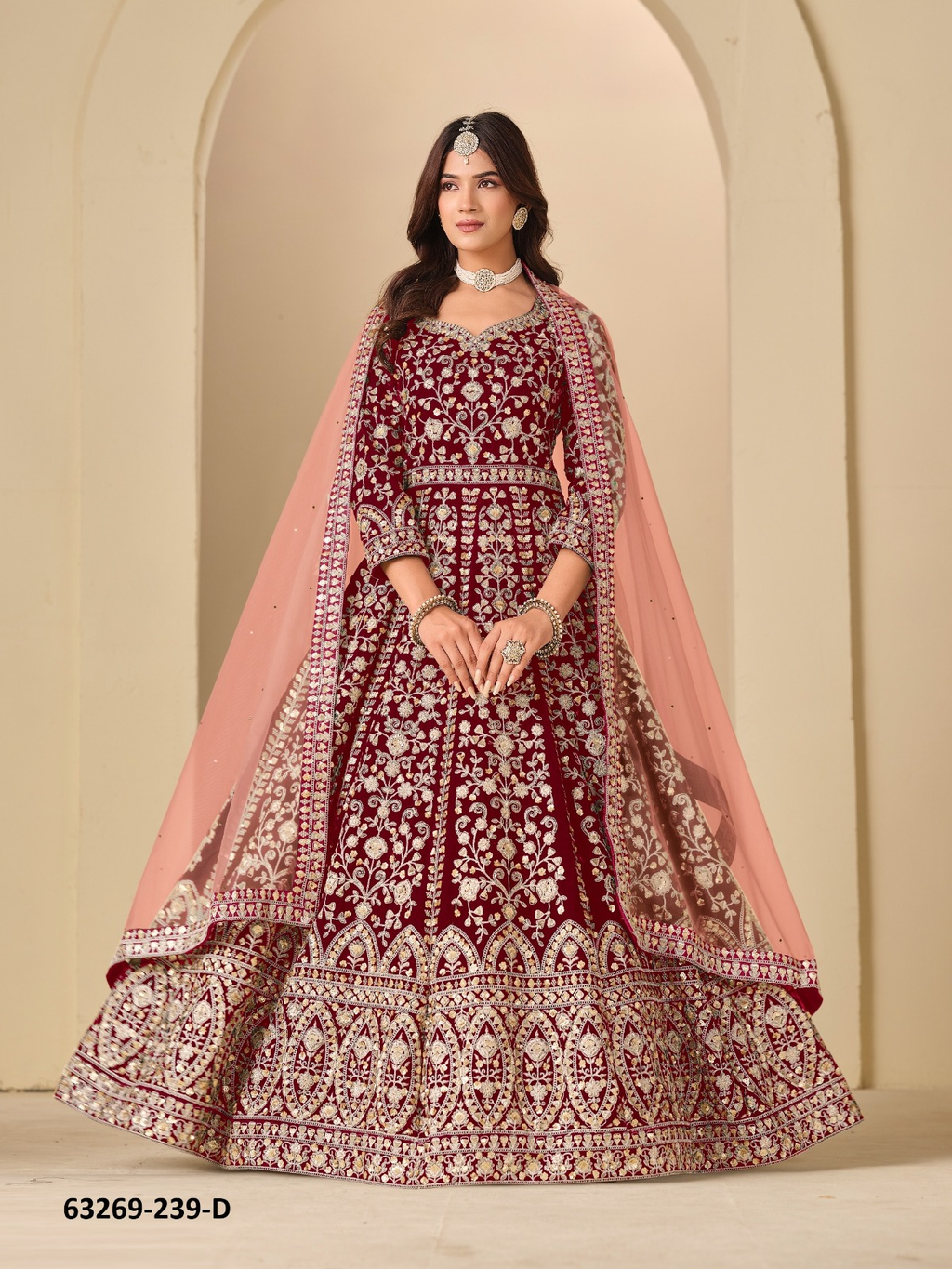 Maroon Velvet Anarkali Floor-Length Suit