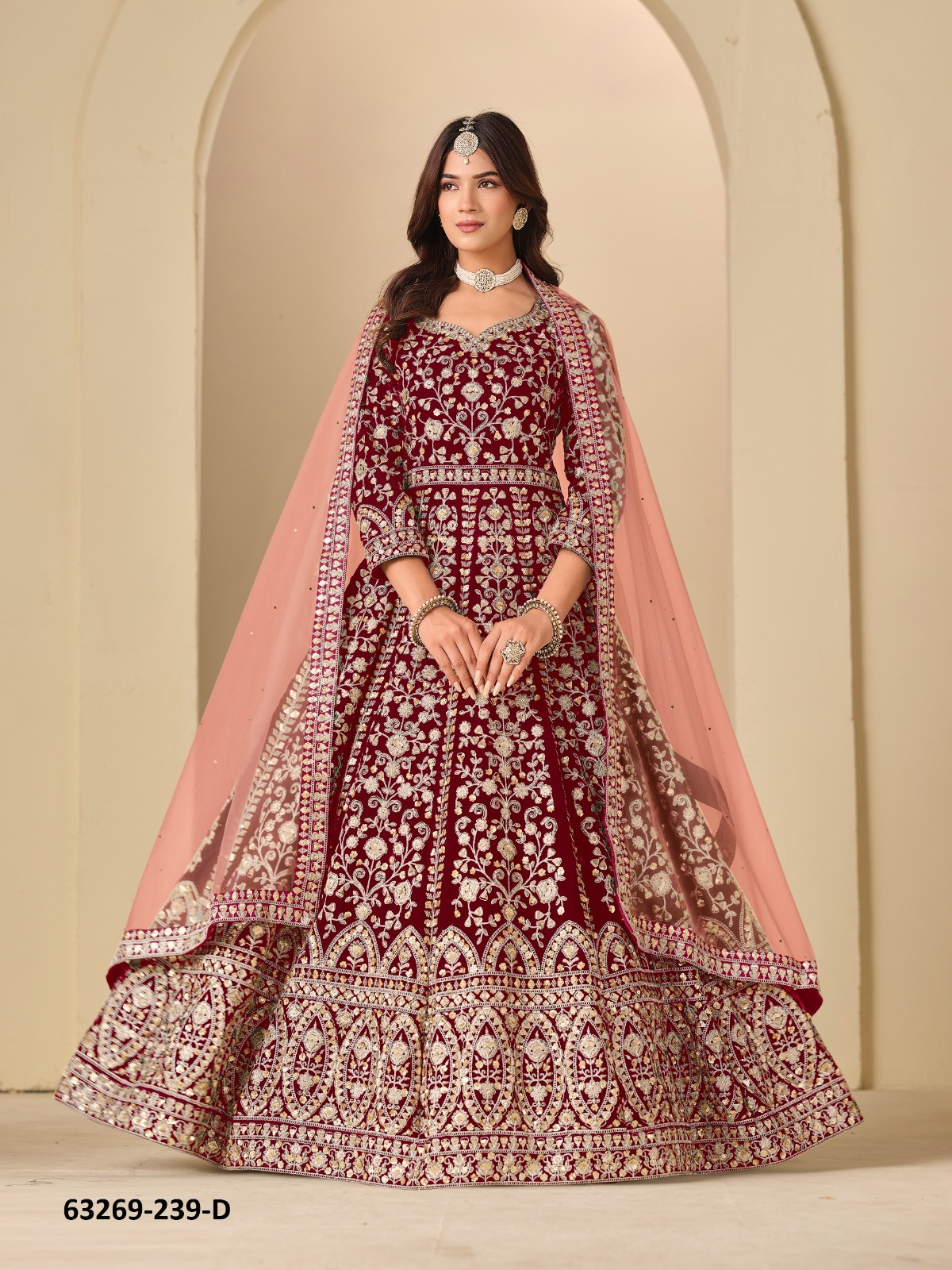 Maroon Velvet Anarkali Floor-Length Suit