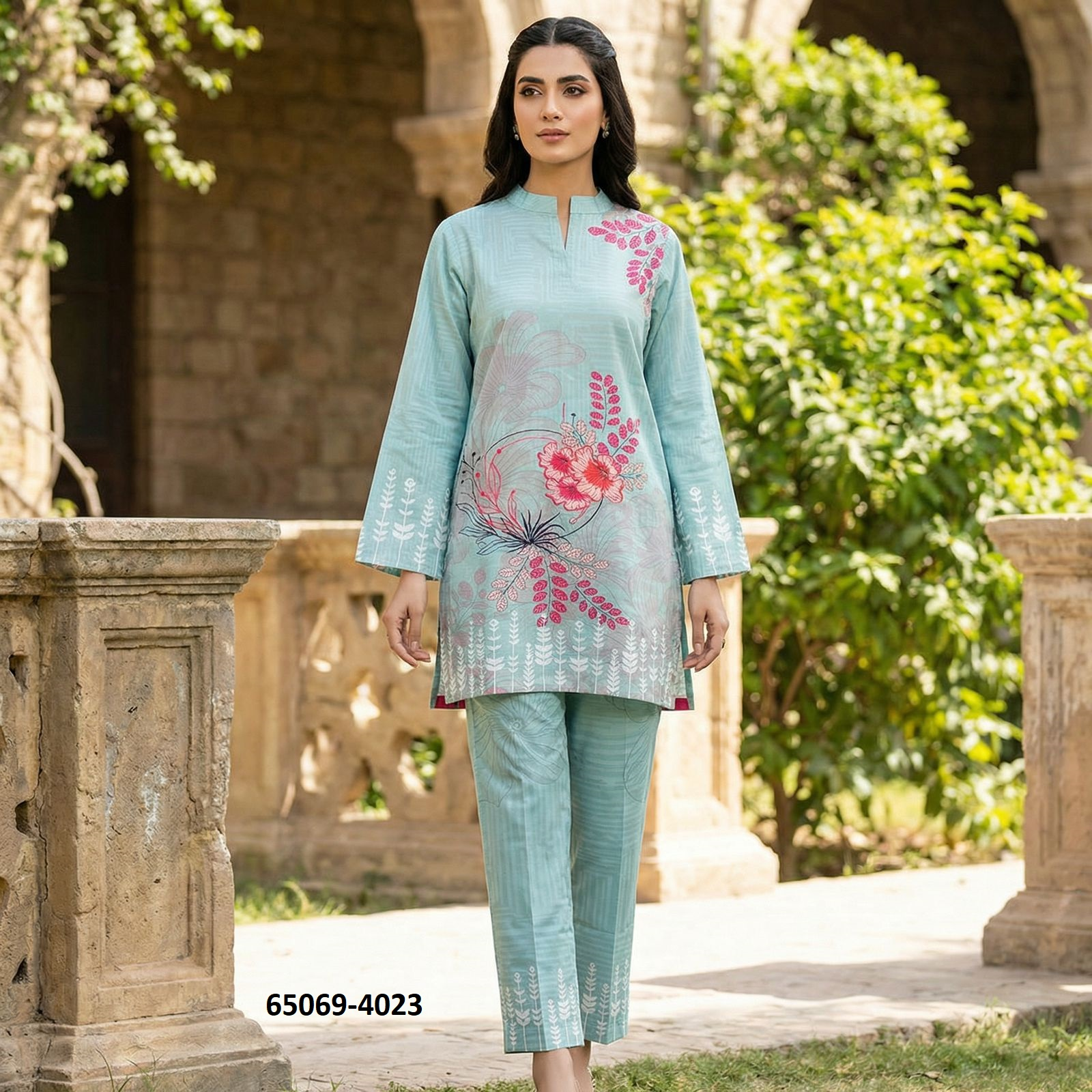 Lora Vogue Co-ord Set - Mint met Roze Hibiscus Print