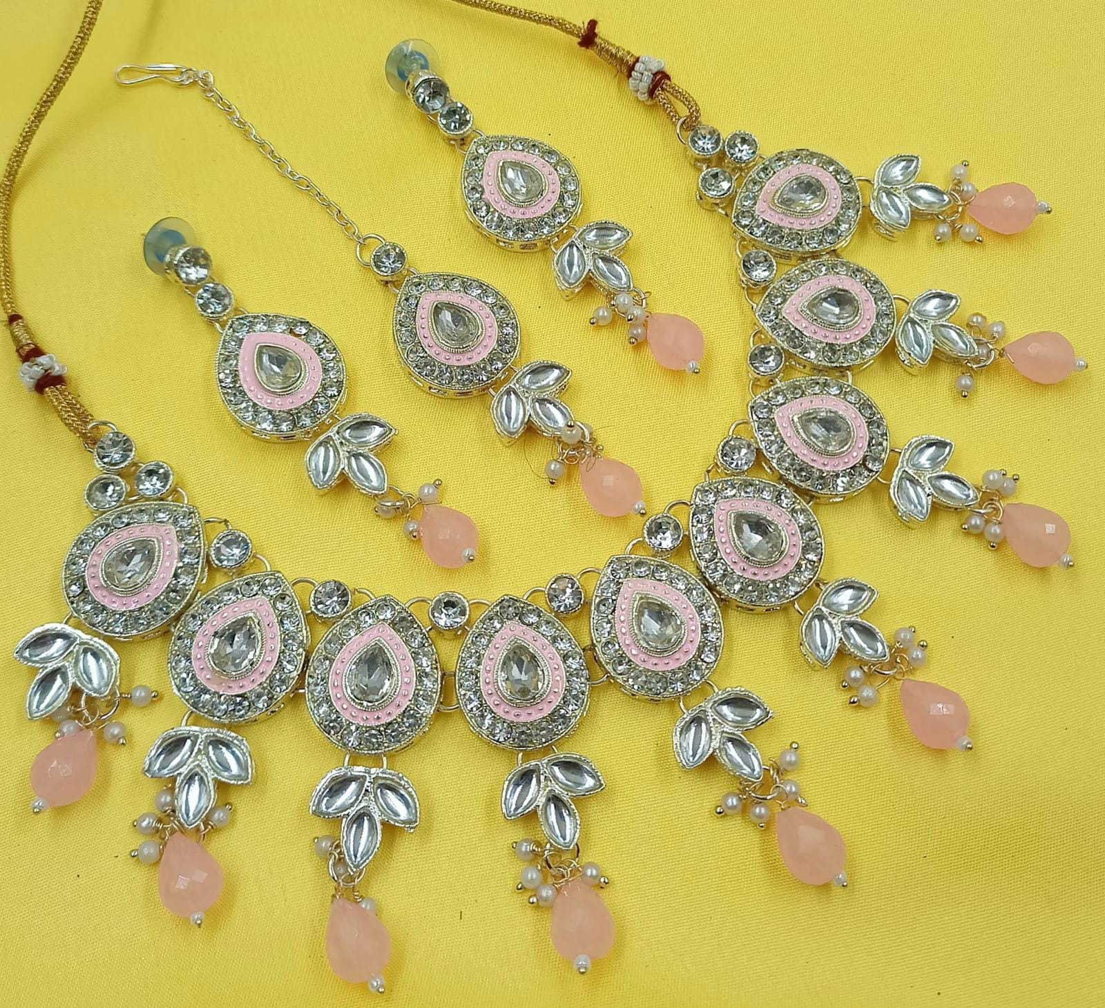 Kundan Sieradenset | Ketting, Oorbellen & Maang Tikka Blush Roze