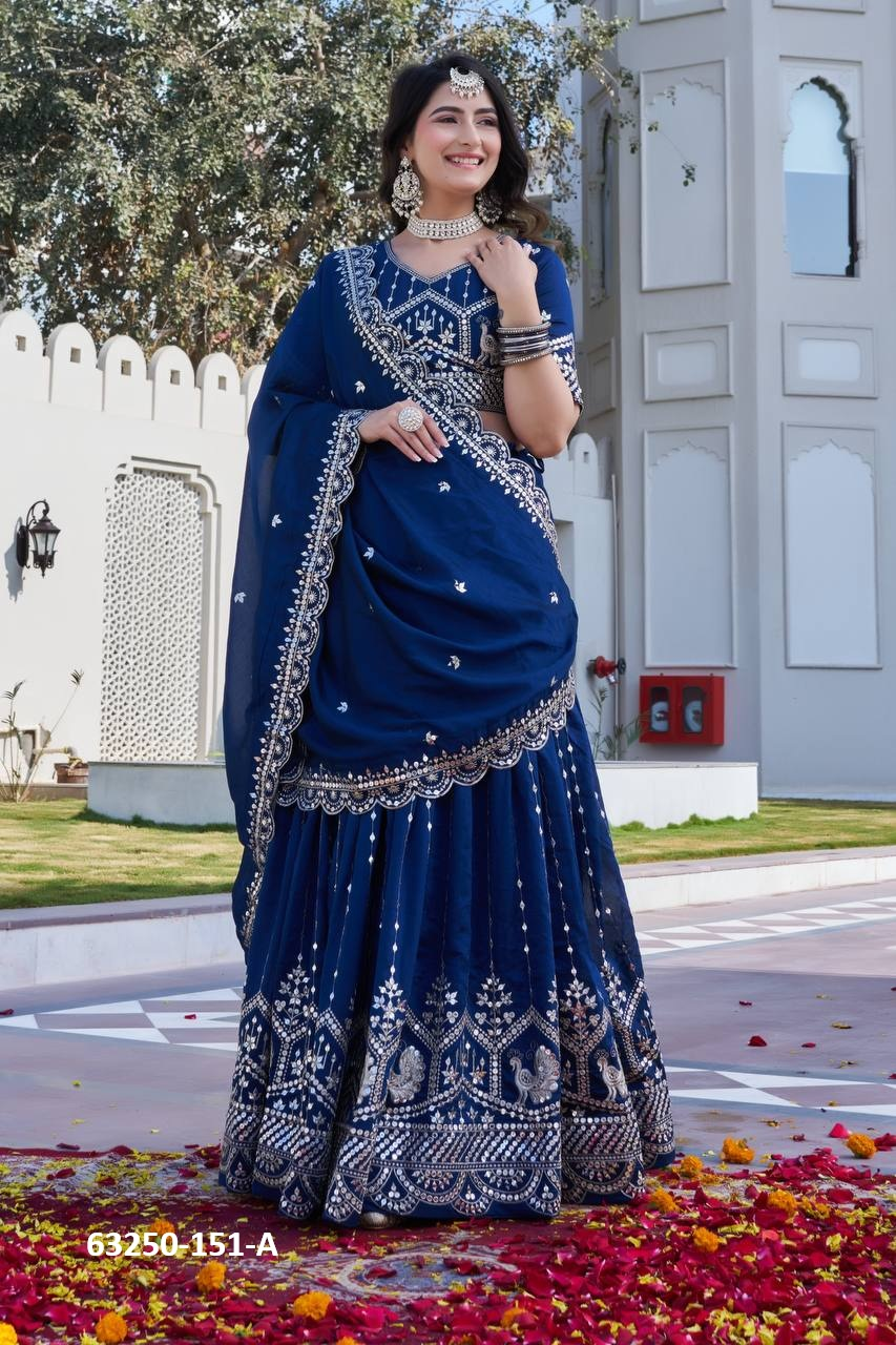 Royal Blue Vichitra Silk Embroidery Lehenga Set