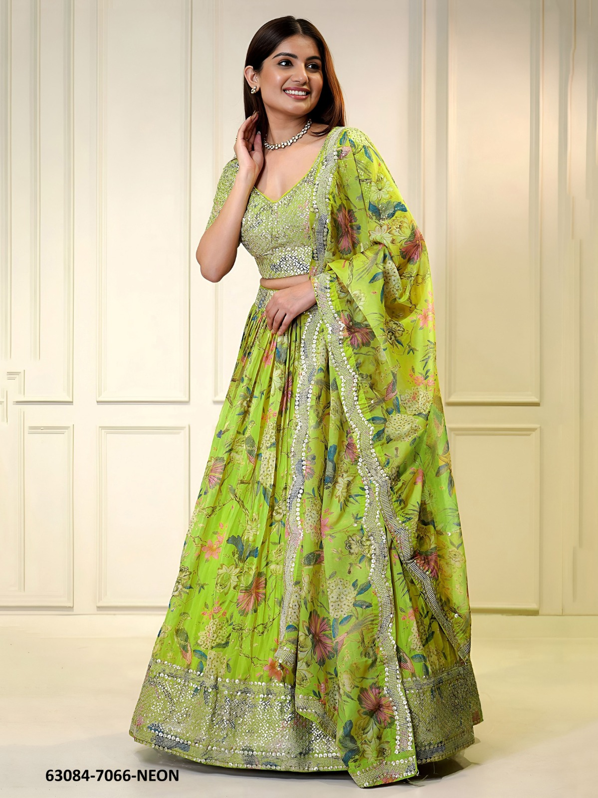 Neon Green Floral Organza Lehenga Set