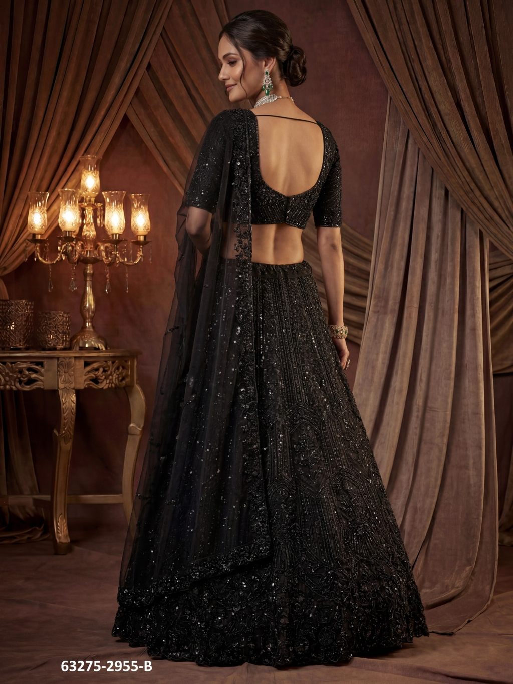 Black Satin Sequins Lehenga Set