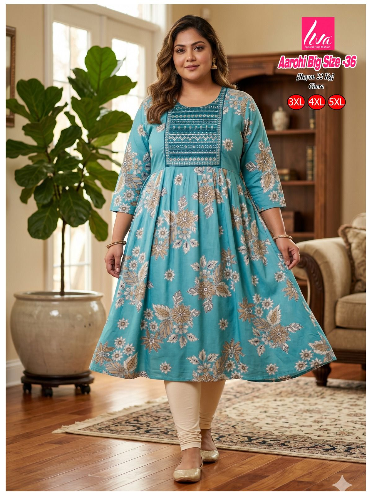 Liva Ghera Big Size Kurti - Turquoise Bloemenprint | Plus Size