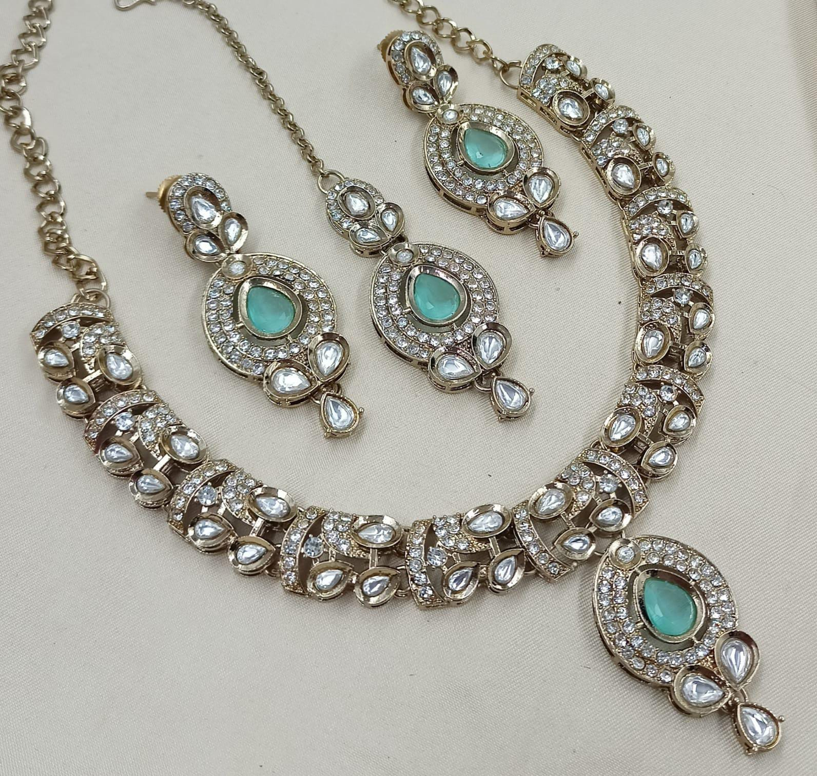 Polki Choker Sieradenset | Ketting & Oorbellen met Turquoise Steen