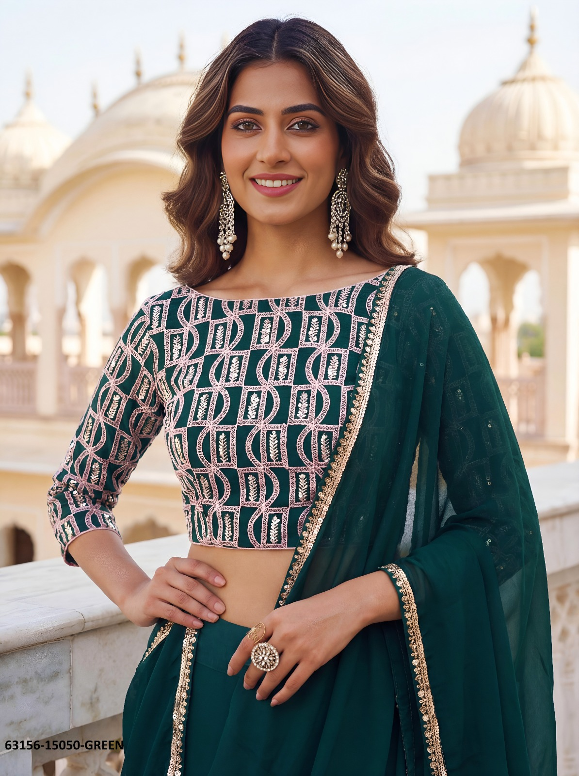 Emerald Green Georgette Embroidery Lehenga Set