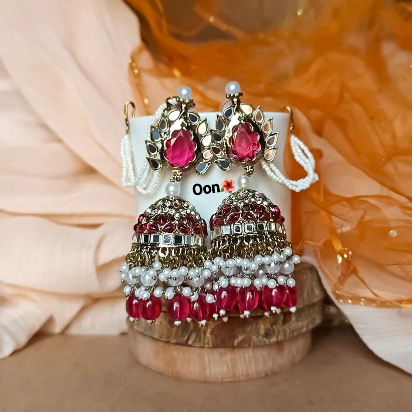 Fuchsia Jhumka Oorbellen | Kundan & Parels
