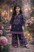 Girls Kurti Set – Zwart Roze Bloemborduurwerk