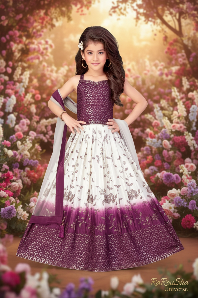 Little Lady Paars Creme Lehenga - tuin frontale pose