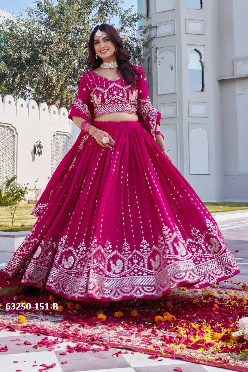 Magenta Vichitra Silk Embroidery Lehenga Set