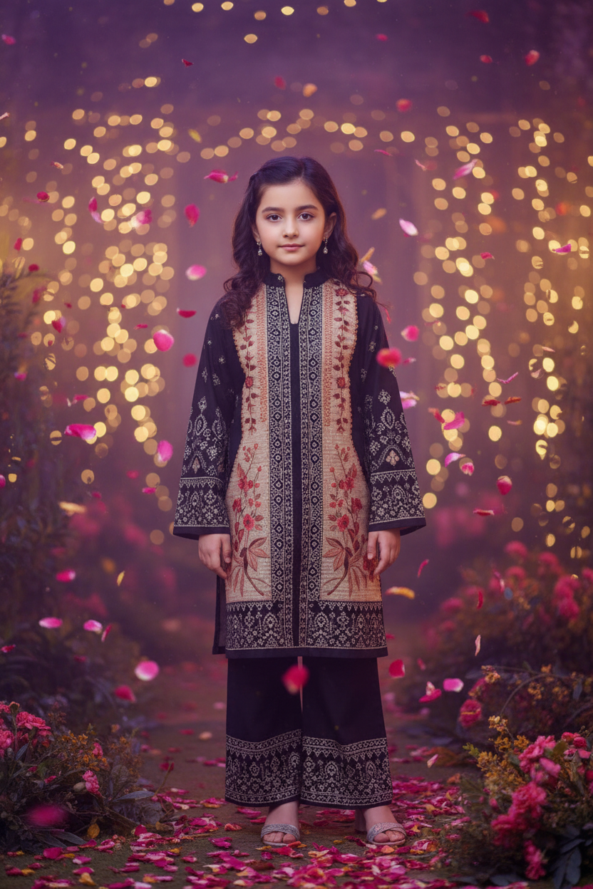 Girls Kurti Set – Zwart Beige Bloemborduurwerk