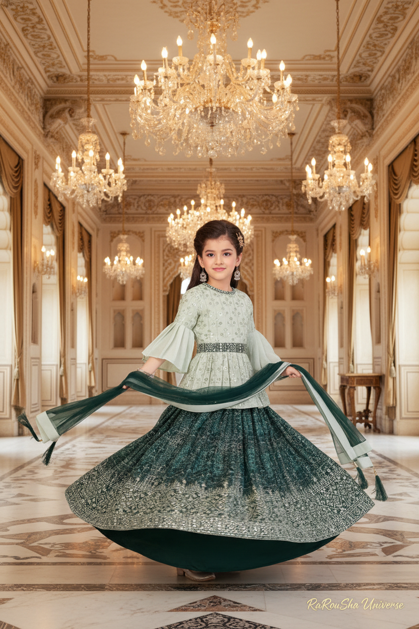 Little Lady Mintgroen Smaragd Lehenga - paleis twirl pose