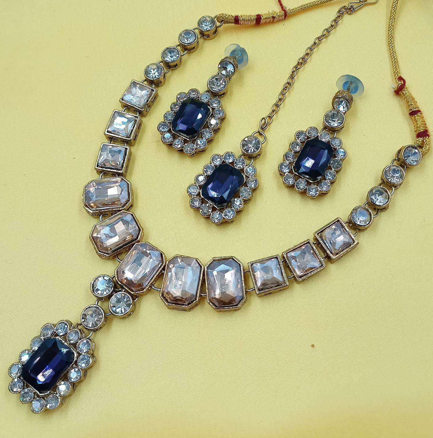 Antiek Goud Kristal Sieradenset | Ketting & Oorbellen Saffier Blauw