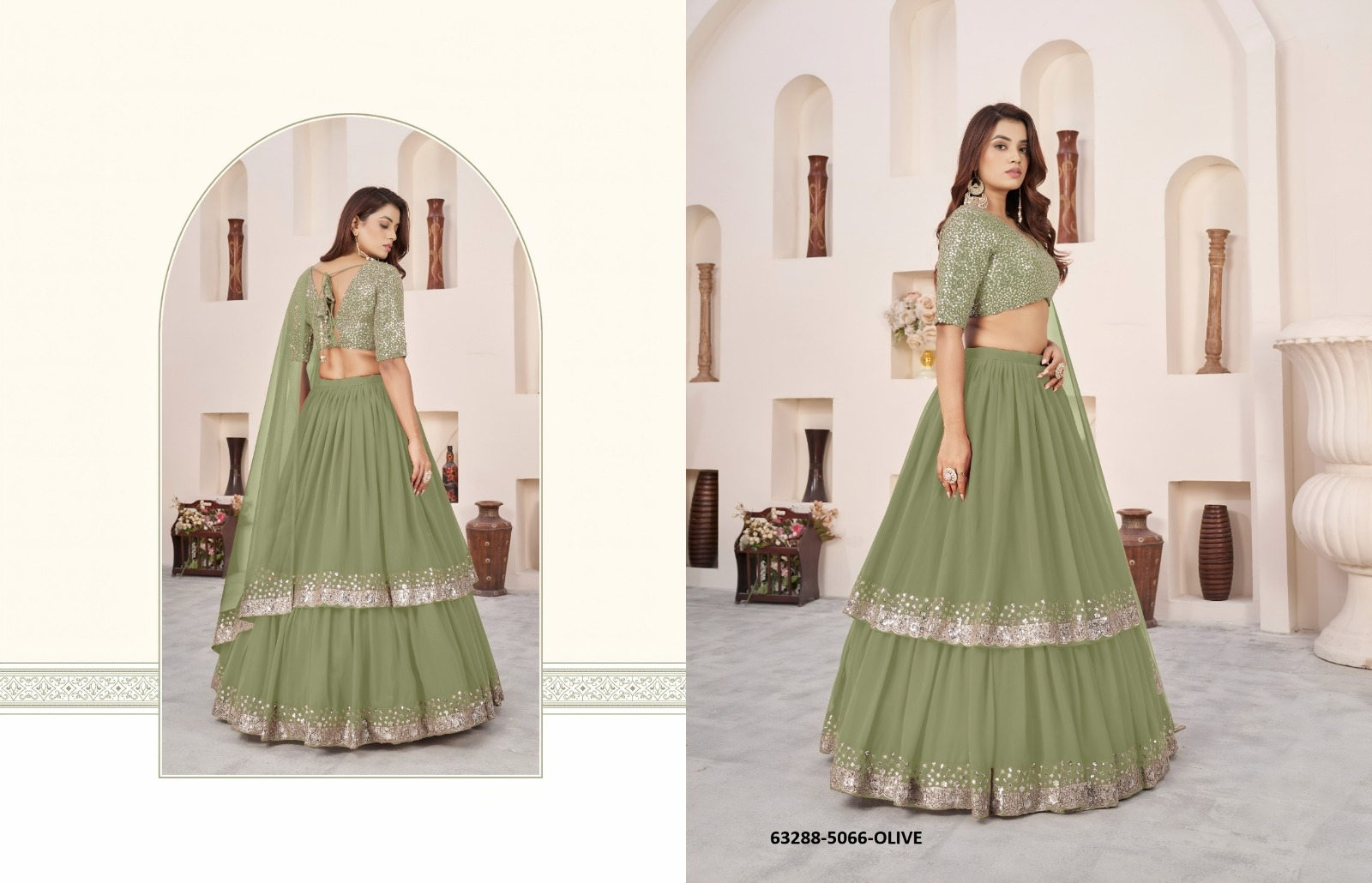 Olive Green Georgette Sequins Lehenga Set