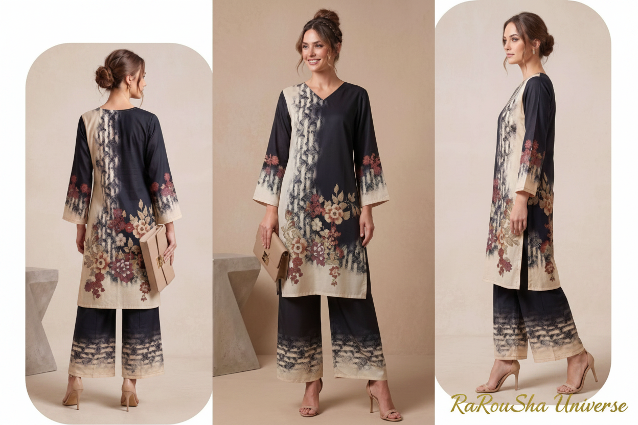 Co-ord Set Navy Blauw Crème Bloemenprint – Alle poses