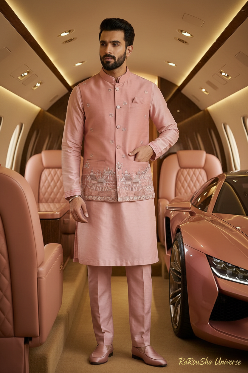 Salmon Pink Kurta Pajama met Koti cinematic