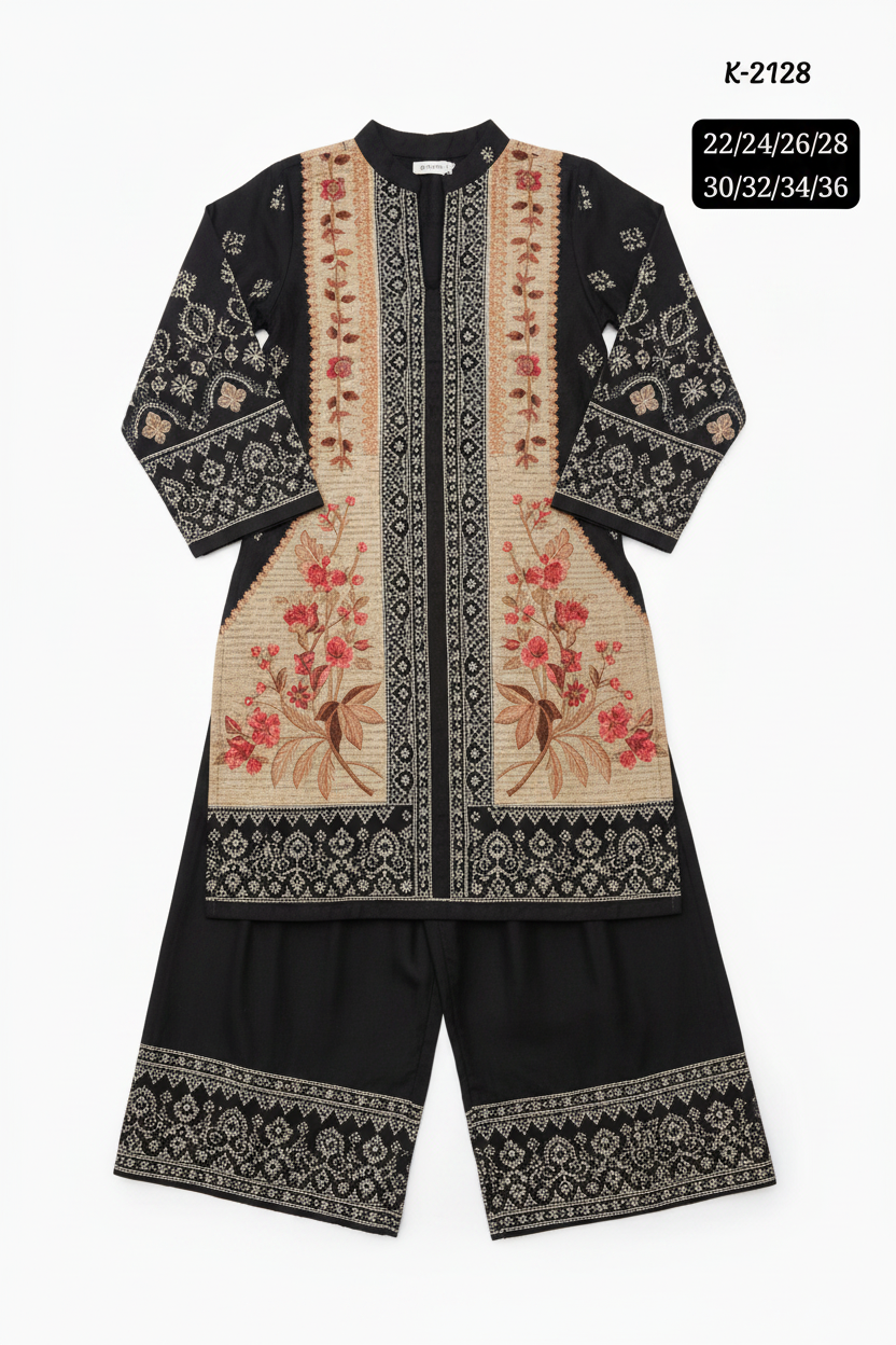 Girls Kurti Set – Zwart Beige Bloemborduurwerk