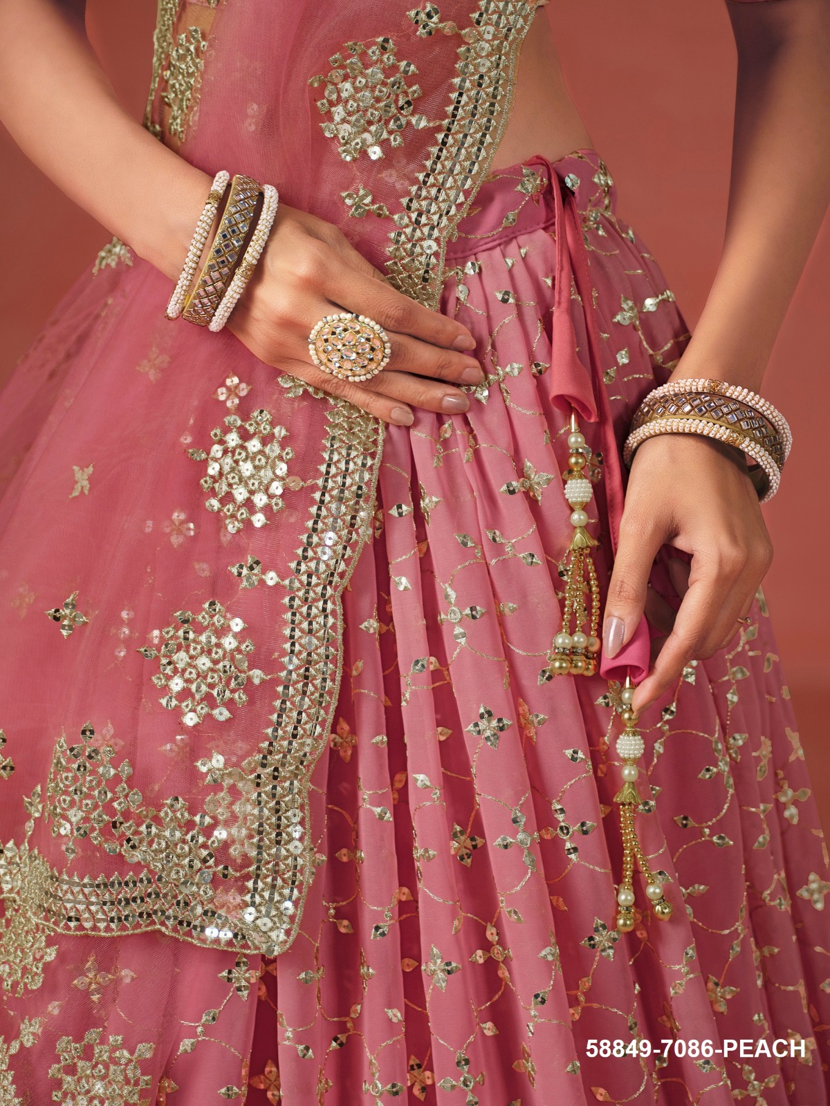 Peach Georgette Sequins Lehenga – 58849-7086-Peach