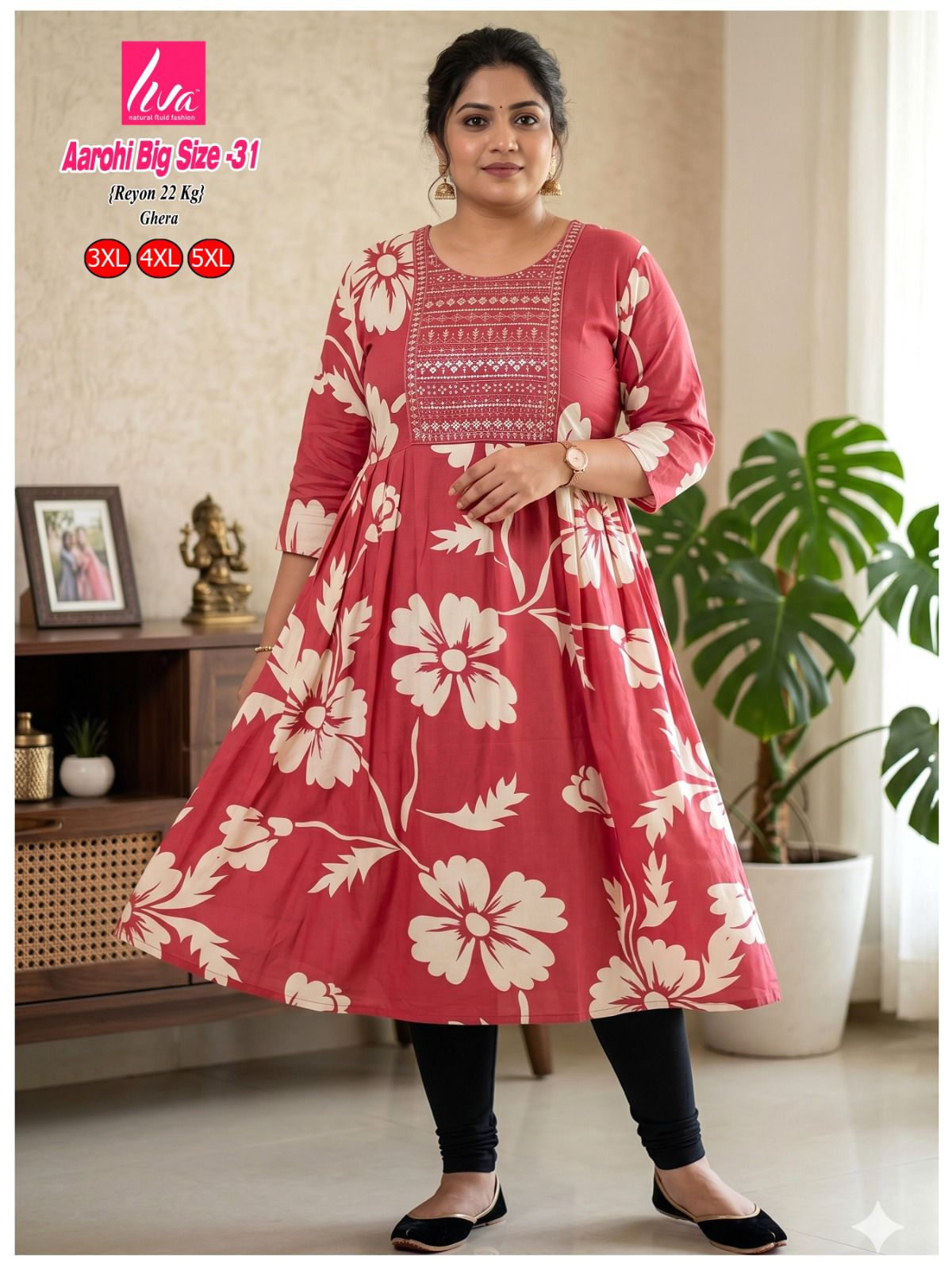 Liva Ghera Big Size Kurti - Koraalrood met Witte Bloemenprint | Plus Size