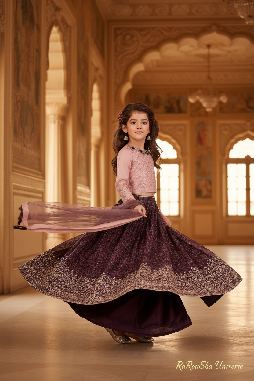 Little Lady Roze Aubergine Lehenga - paleis twirl pose