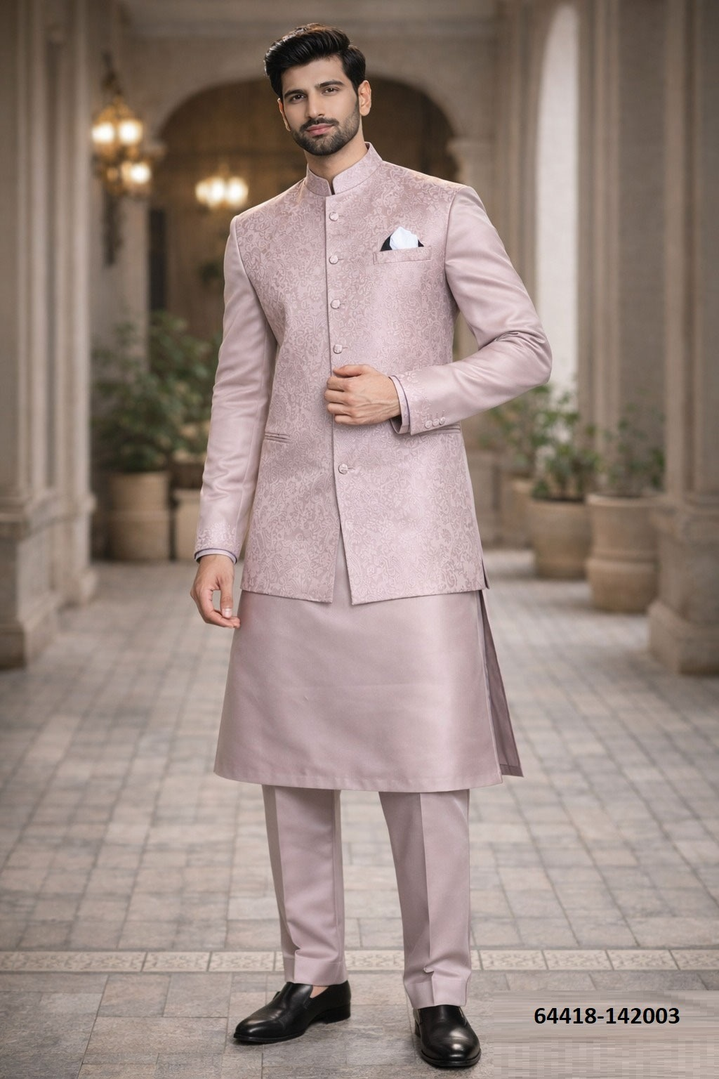 Heren Kurta Pajama met Jacket - Poederroze Prince Jacket (142003)