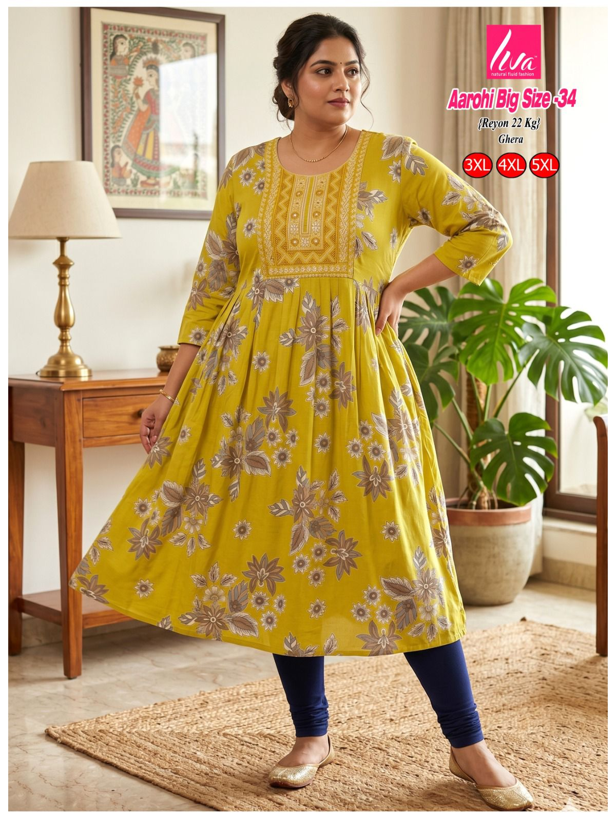 Liva Ghera Big Size Kurti - Mosterdgeel Bloemenprint | Plus Size