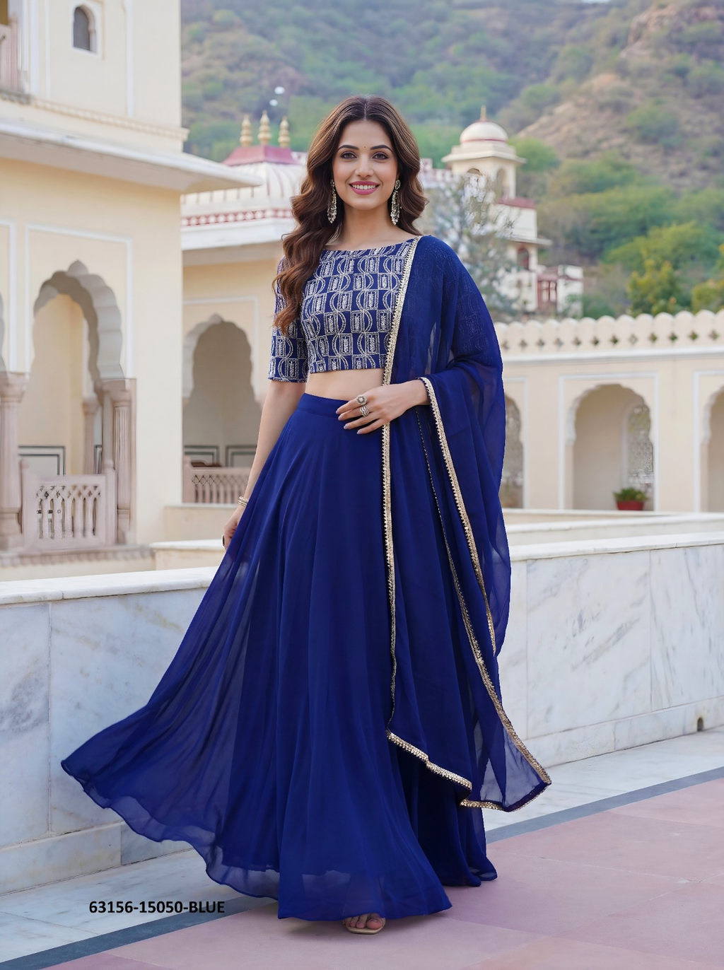 Navy Blue Georgette Embroidery Lehenga Set