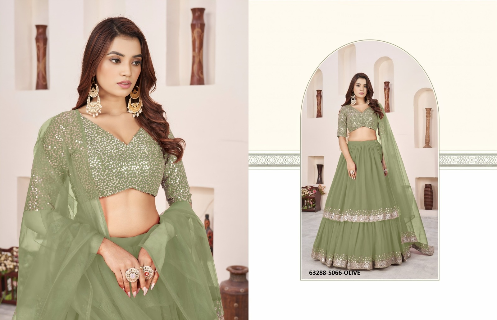 Olive Green Georgette Sequins Lehenga Set