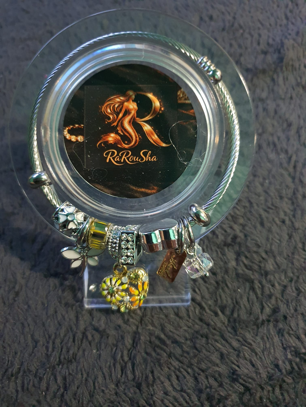 Zilveren Kabel Bangle – Zonnebloem & Mint Hart Charms