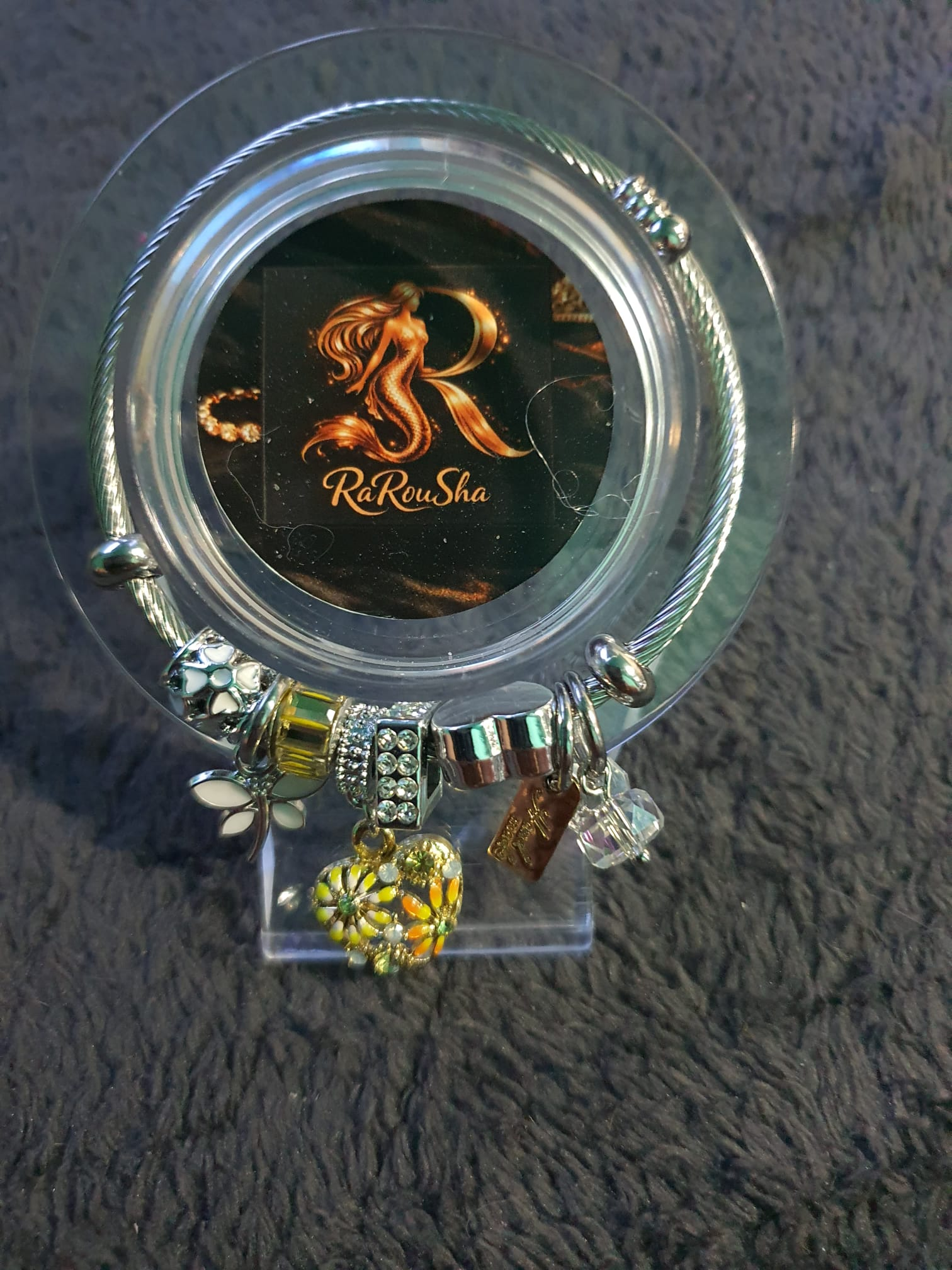 Zilveren Kabel Bangle – Zonnebloem & Mint Hart Charms
