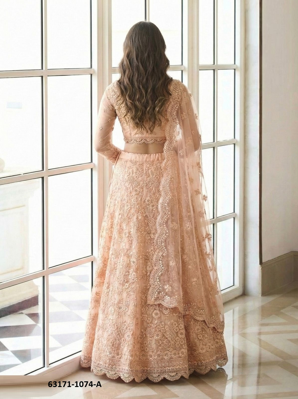 Peach Net Lehenga Set