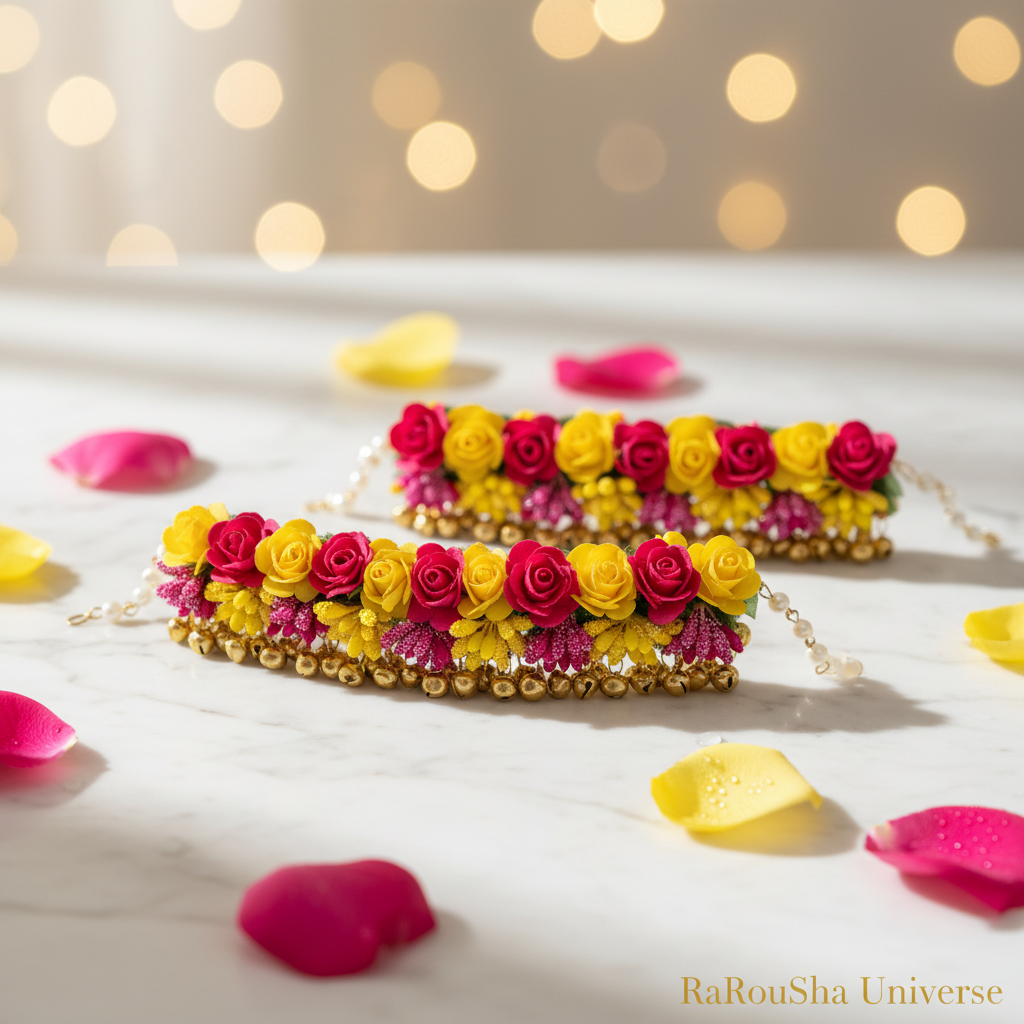 Handgemaakte bloemen payal in roze en geel met gouden belletjes en parels op wit marmer - RaRouSha Universe