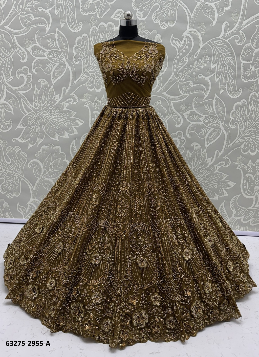 Gold Olive Satin Beadwork Lehenga Set
