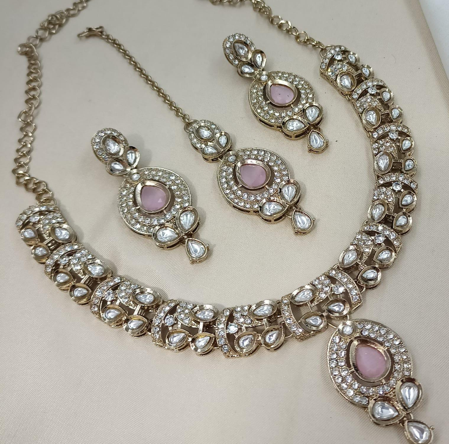 Polki Choker Sieradenset | Ketting & Oorbellen met Roze Steen