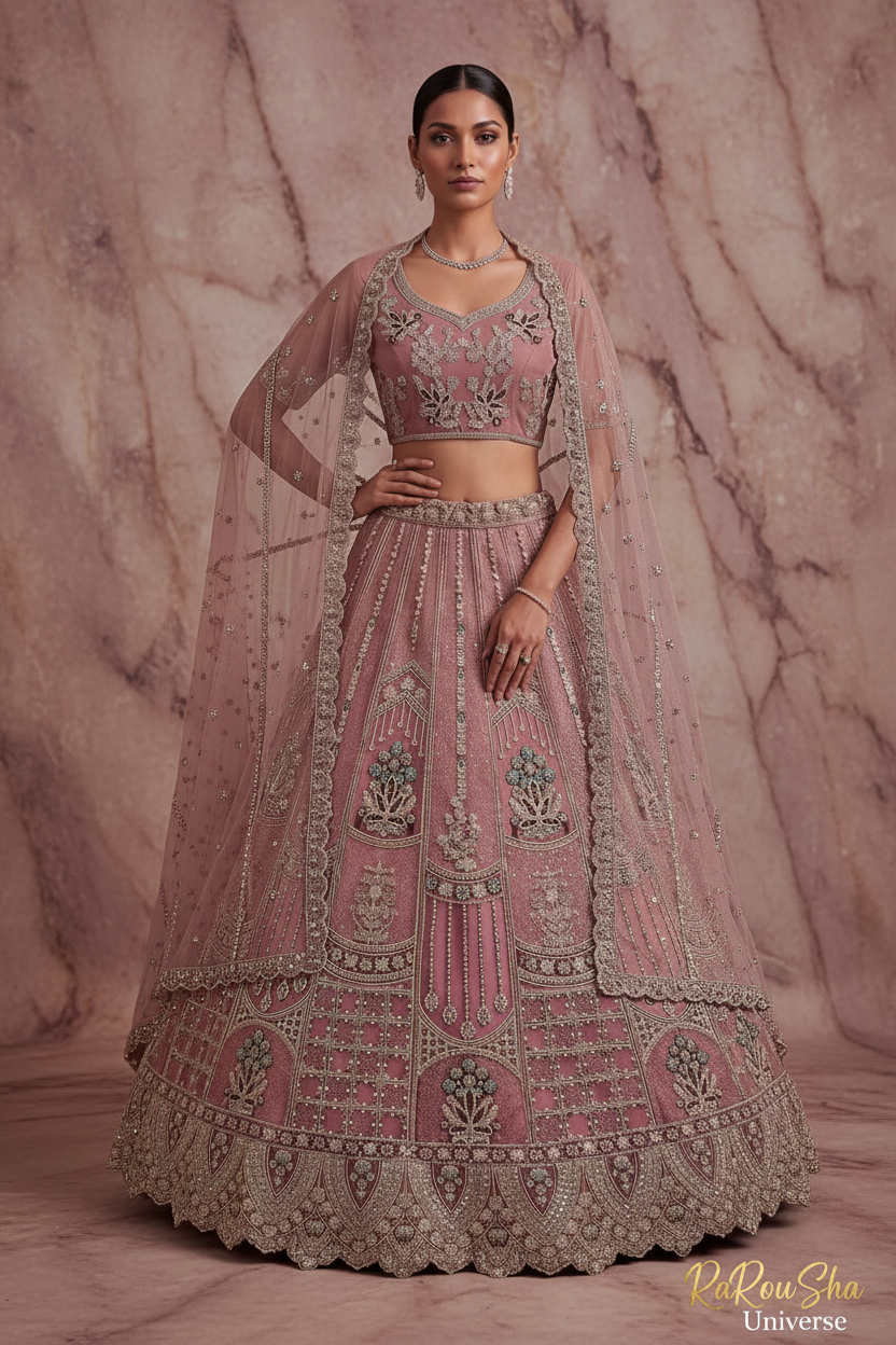 Dusty Rose Mauve Lehenga Choli marmeren achtergrond