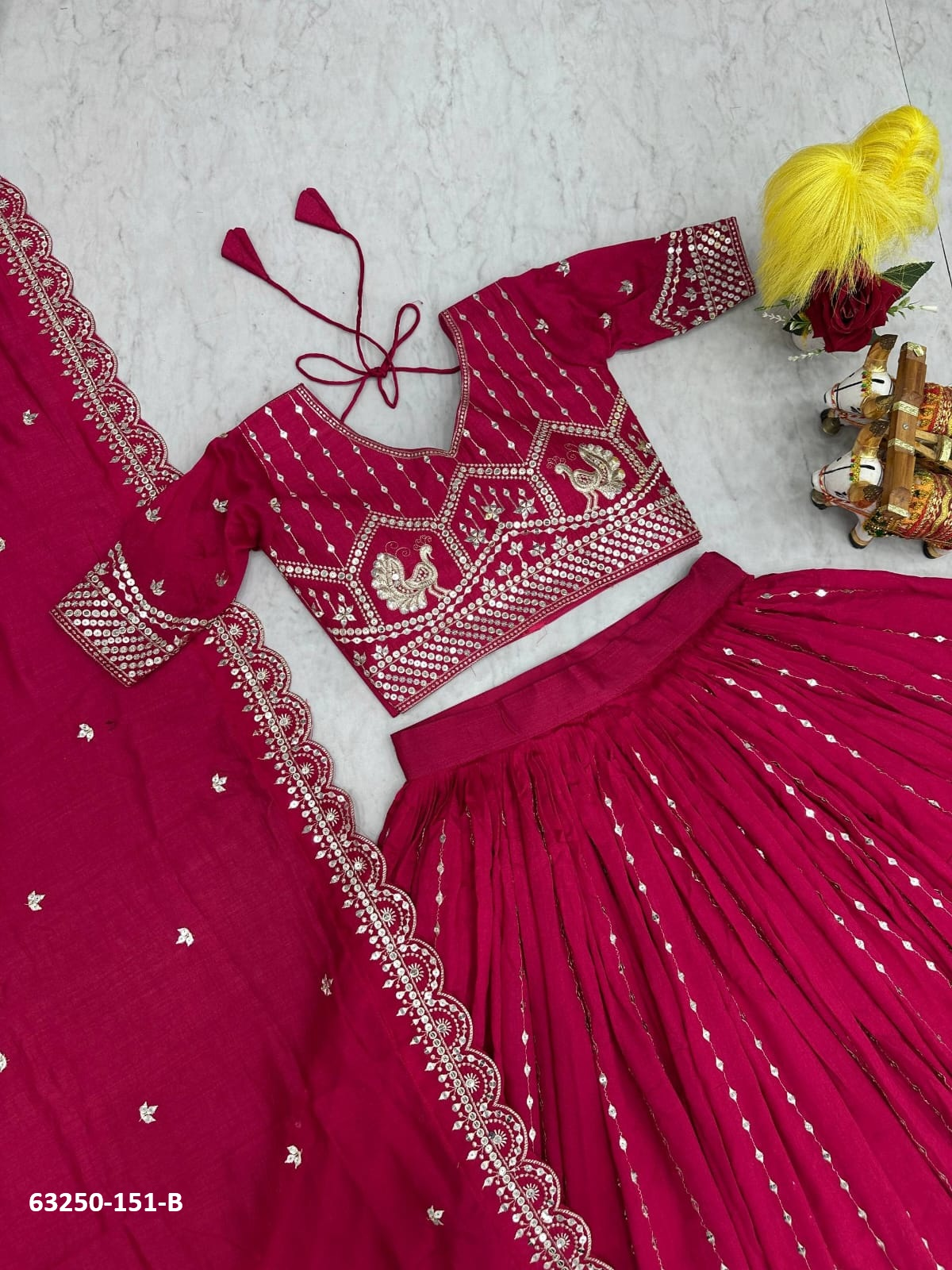 Magenta Vichitra Silk Embroidery Lehenga Set