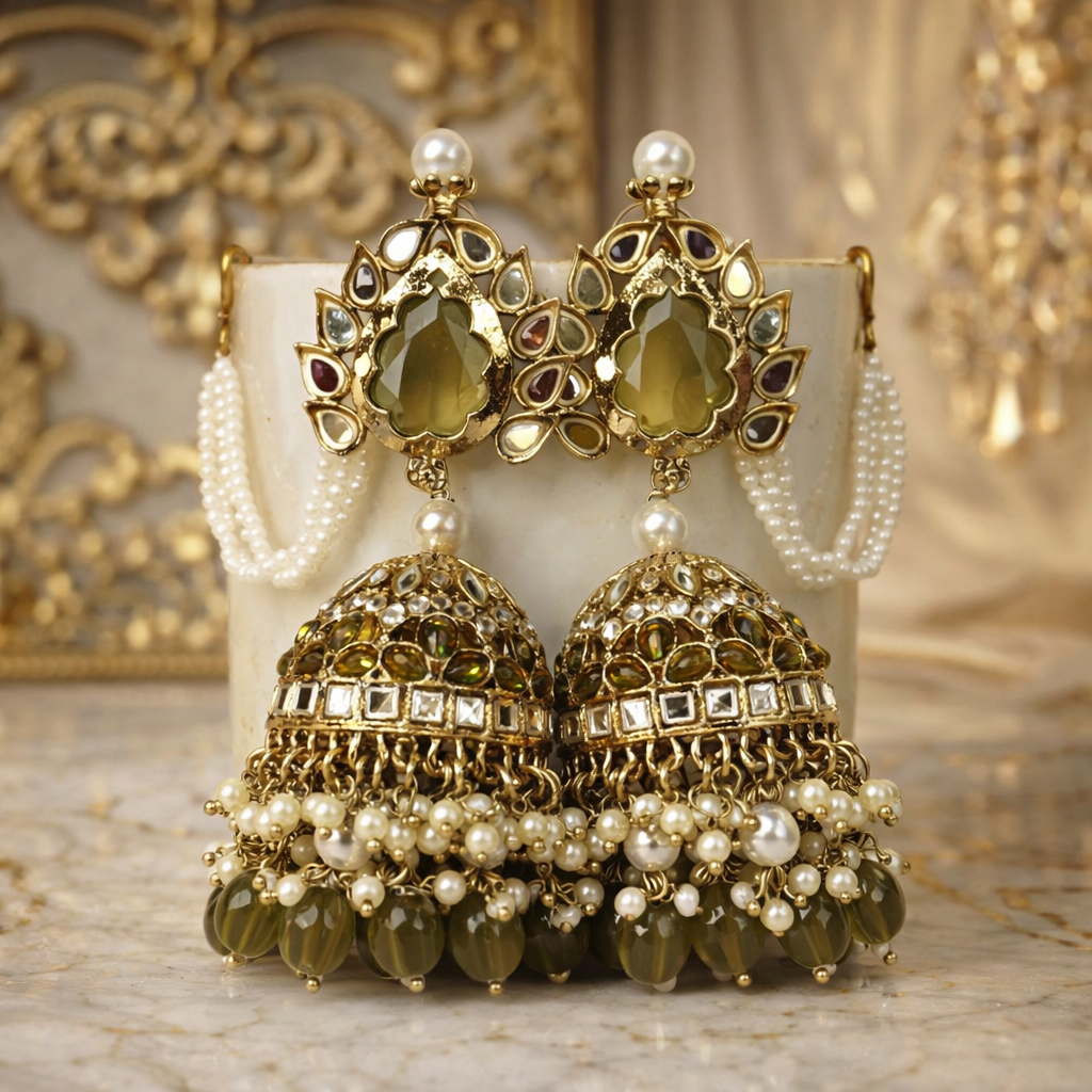 Olijfgroene Jhumka Oorbellen | Kundan & Parels