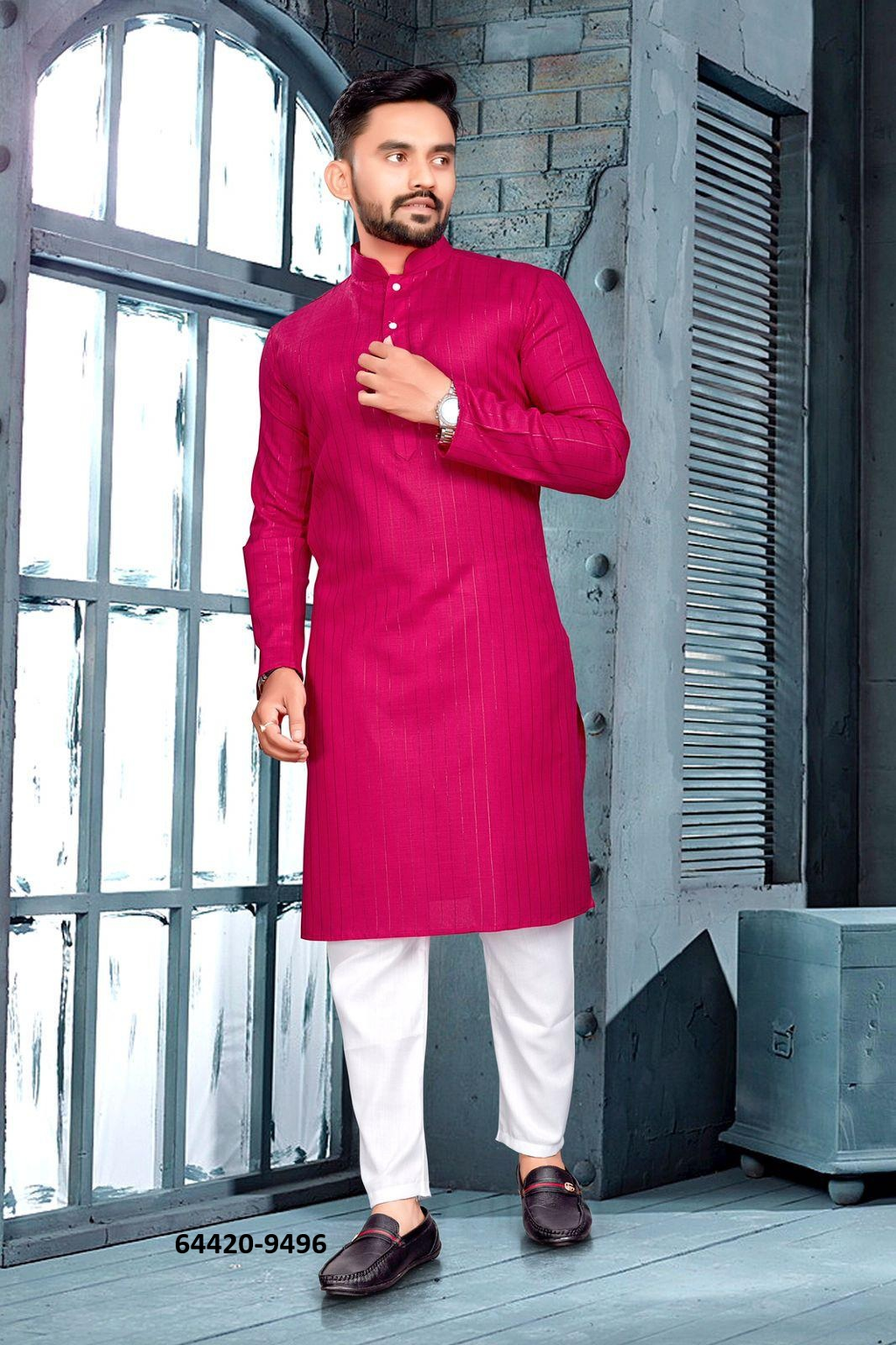 Heren Kurta Pajama - Fuchsia Pure Slub Cotton (9496)