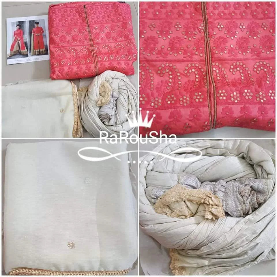 Dames Indiase Jurk Semi-Stitch – Exclusief Designer Koraalroze/Wit