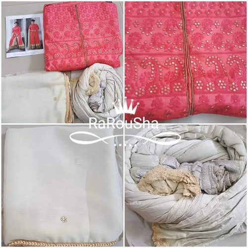 Dames Indiase Jurk Semi-Stitch – Exclusief Designer Koraalroze/Wit