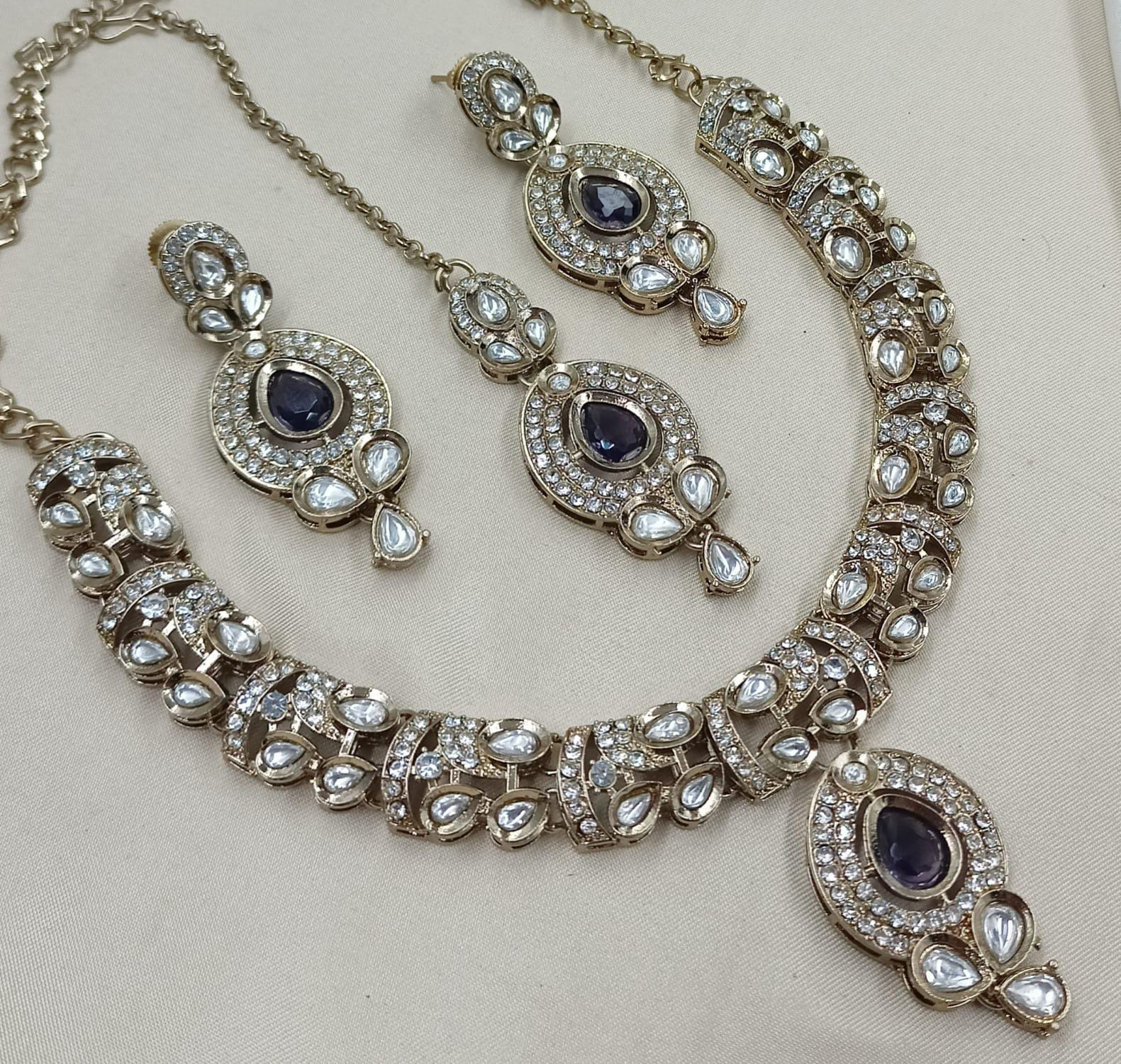 Polki Choker Sieradenset | Ketting & Oorbellen met Saffier Blauwe Steen