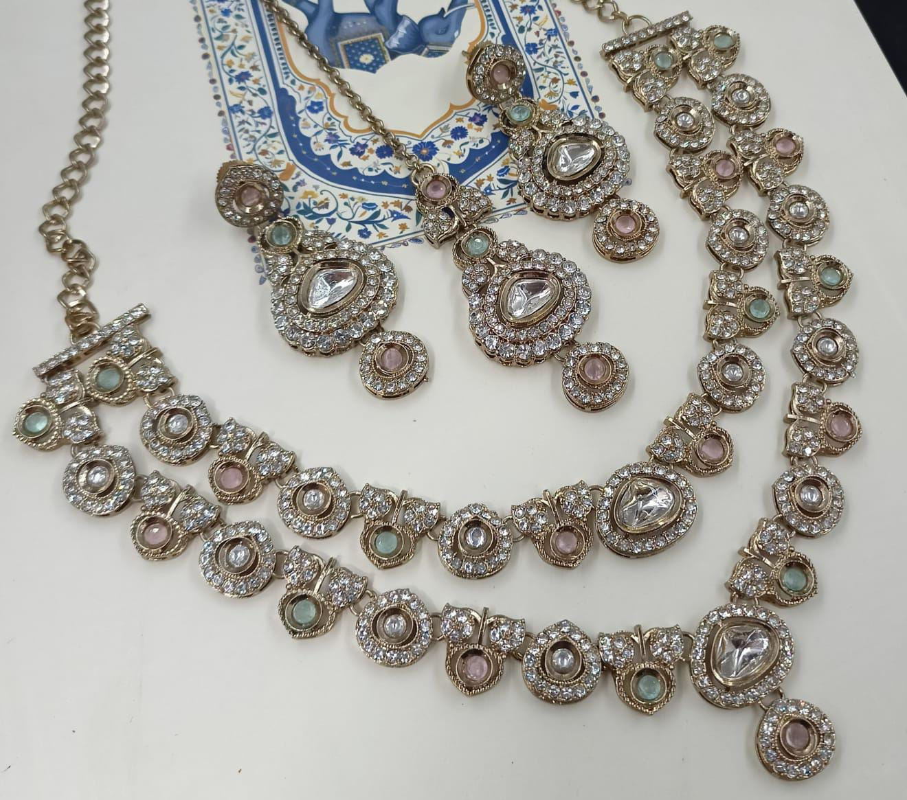 Dubbellaagse Polki Halsketting Sieradenset | Ketting & Oorbellen Pastel Mix