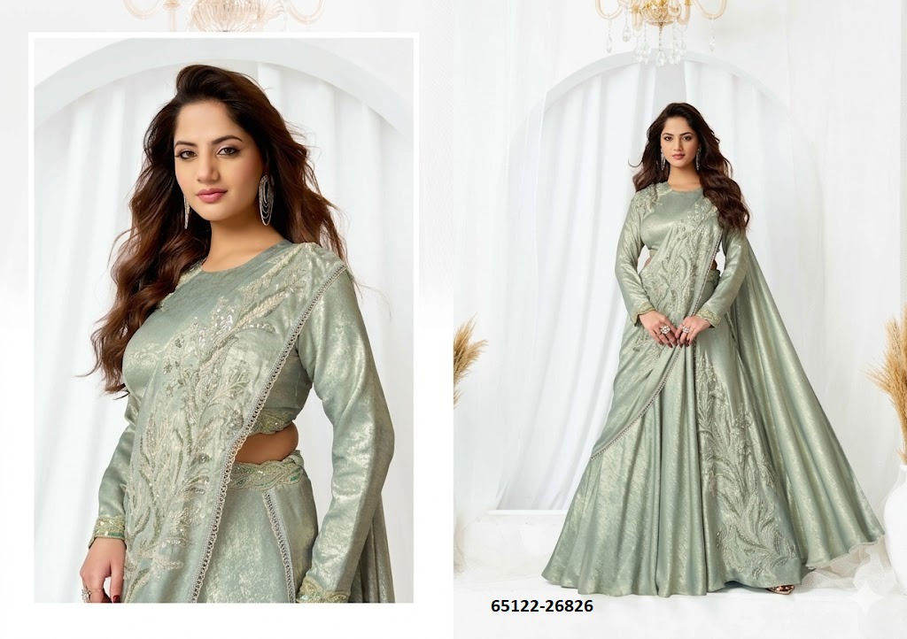 Sage Green Metallic Saree Lehenga – 65122-26826