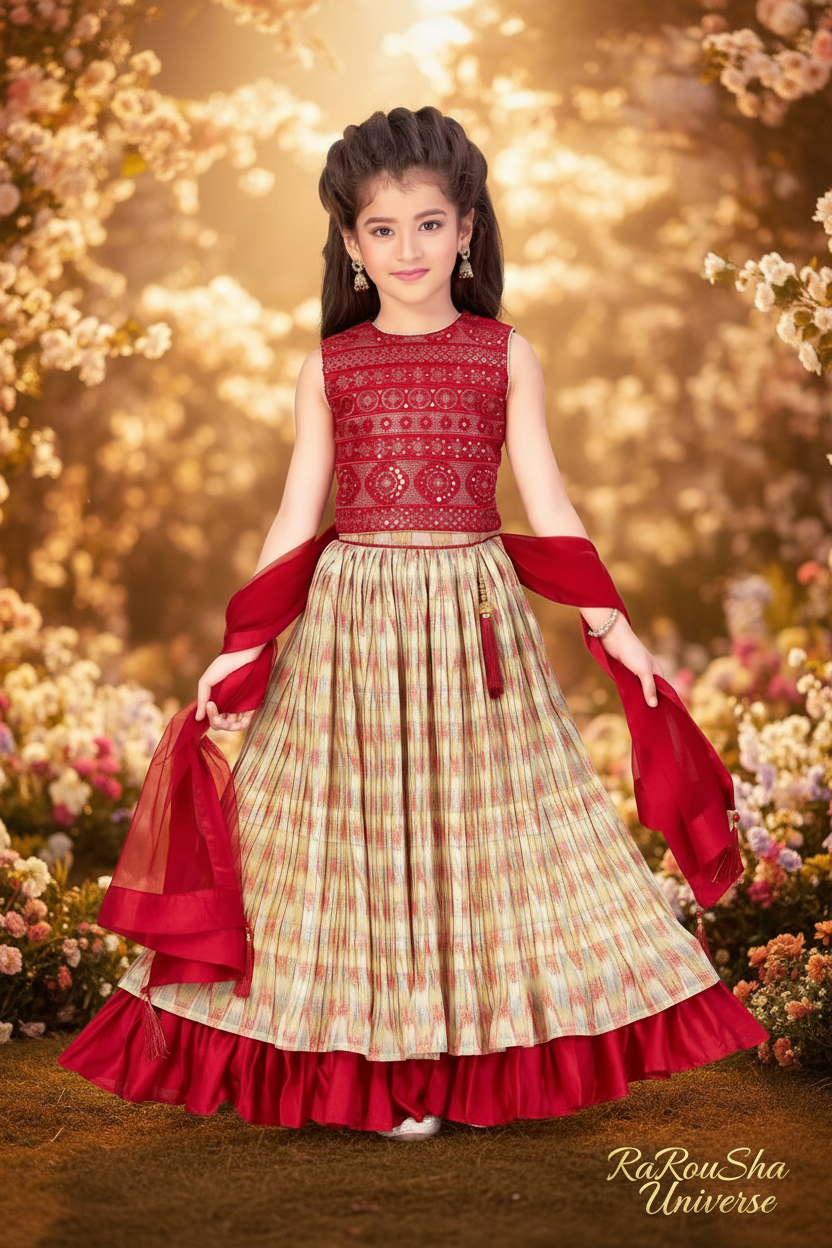 Little Lady Rood Goud Lehenga - tuin frontale pose