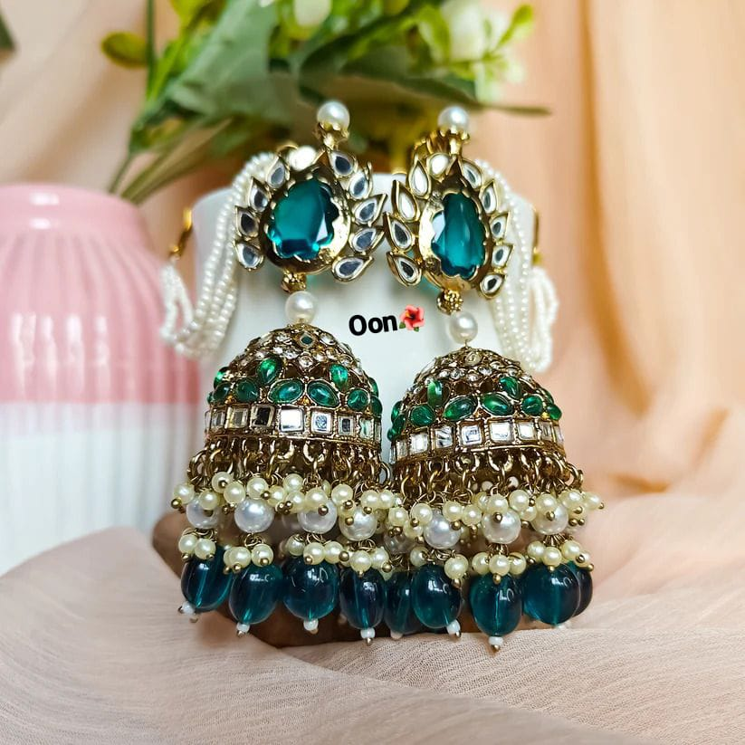 Smaragdgroene Jhumka Oorbellen | Kundan & Parels