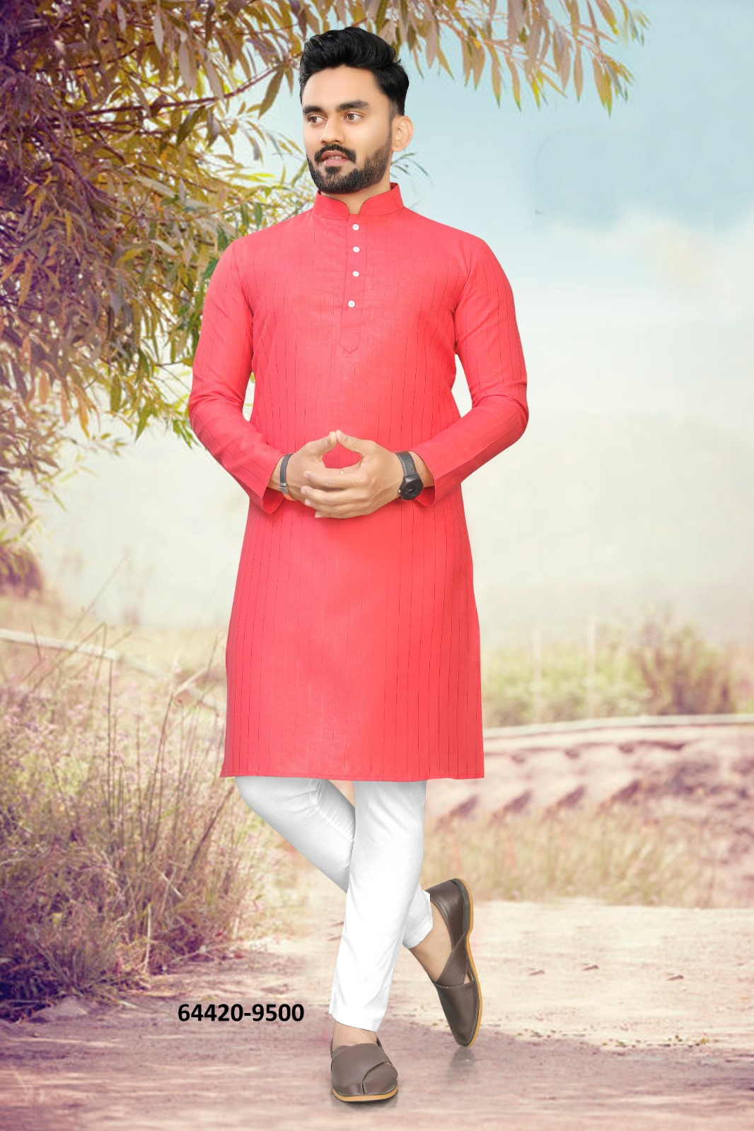 Heren Kurta Pajama - Koraalrood Pure Slub Cotton (9500)
