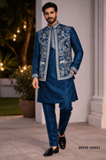 Heren Kurta Pajama met Jacket - Koningsblauw Donair Borduurwerk (142011)