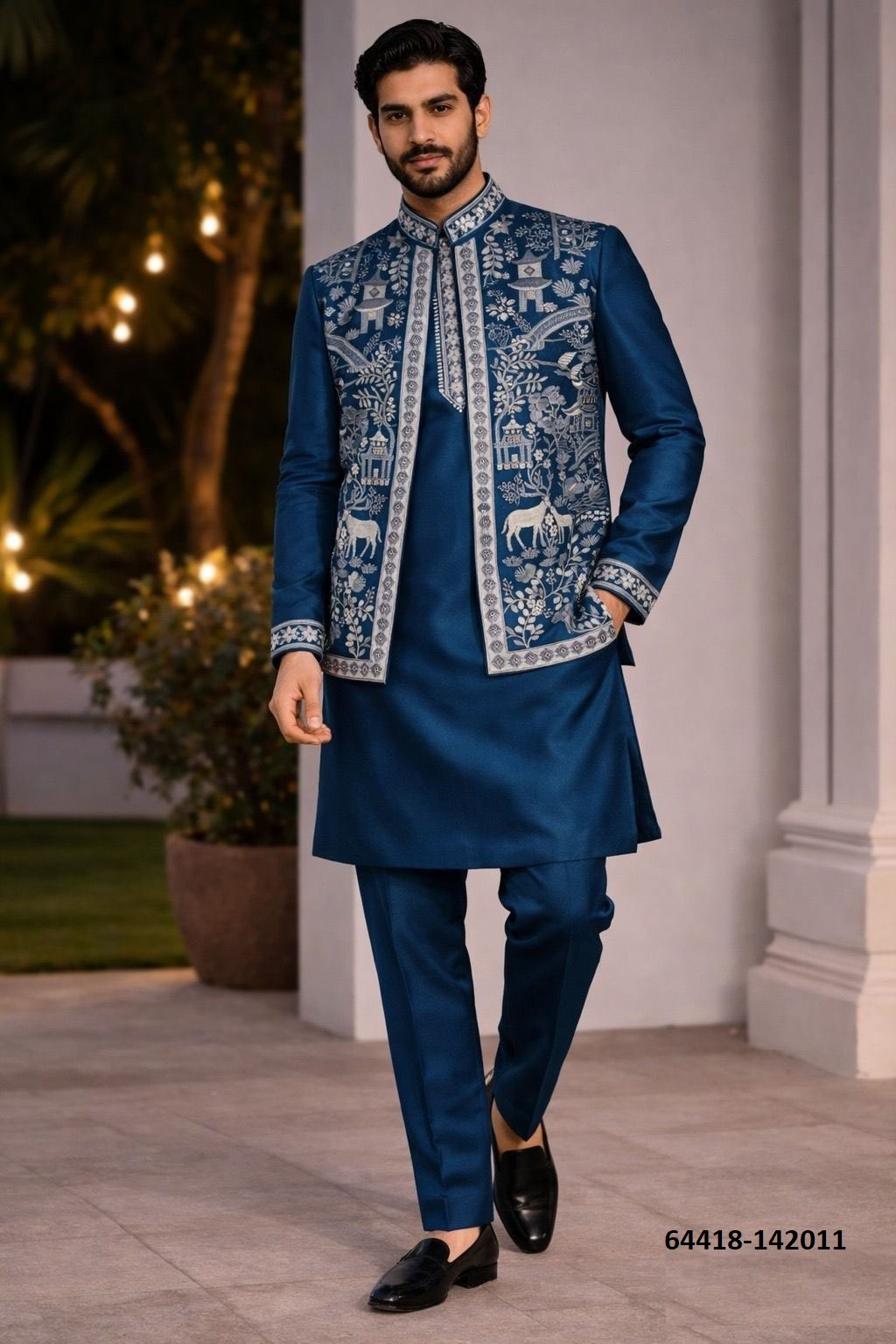 Heren Kurta Pajama met Jacket - Koningsblauw Donair Borduurwerk (142011)